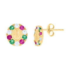 10kt Yellow Gold Womens Green/Pink White Cubic-Zirconia Miraculous Medal Religious Stud Earrings