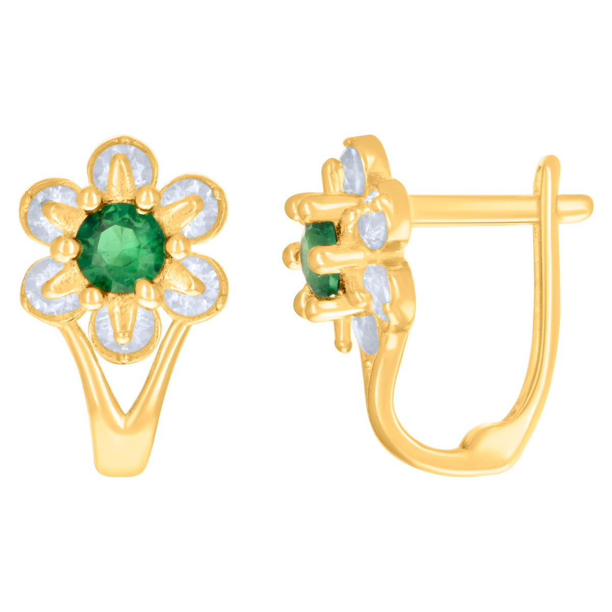 10kt Yellow Gold Womens Green White Cubic-Zirconia Flower Fashion Latch Back Earrings