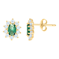 10kt Yellow Gold Womens Green White Oval Round Cubic-Zirconia Flower Fashion Stud Earrings