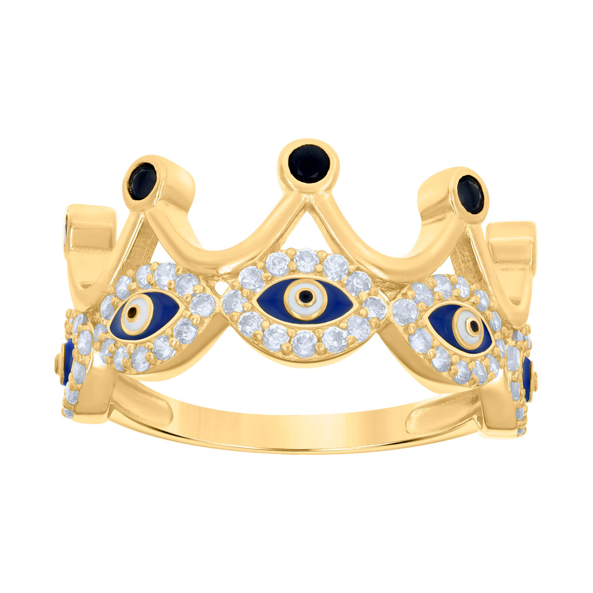10kt Yellow Gold Womens Black White Cubic-Zirconia Crown Evil Eye Good Luck Ring