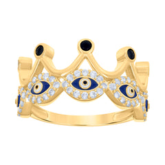 10kt Yellow Gold Womens Black White Cubic-Zirconia Crown Evil Eye Good Luck Ring