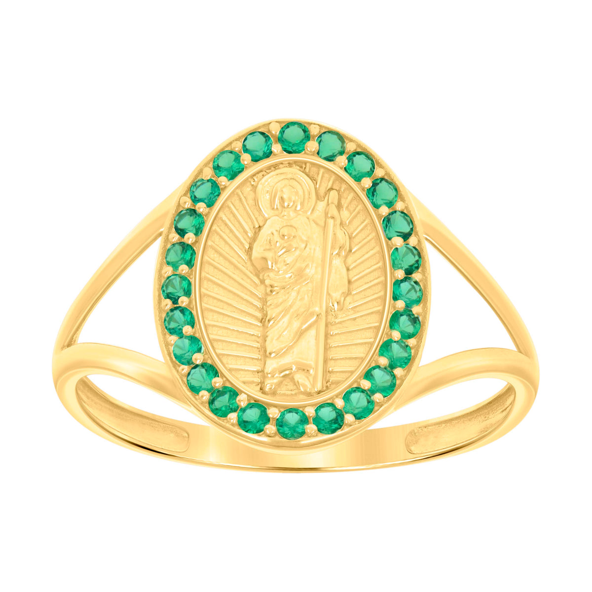 10kt Yellow Gold Womens Green Cubic-Zirconia St. Jude Saints Religious Ring
