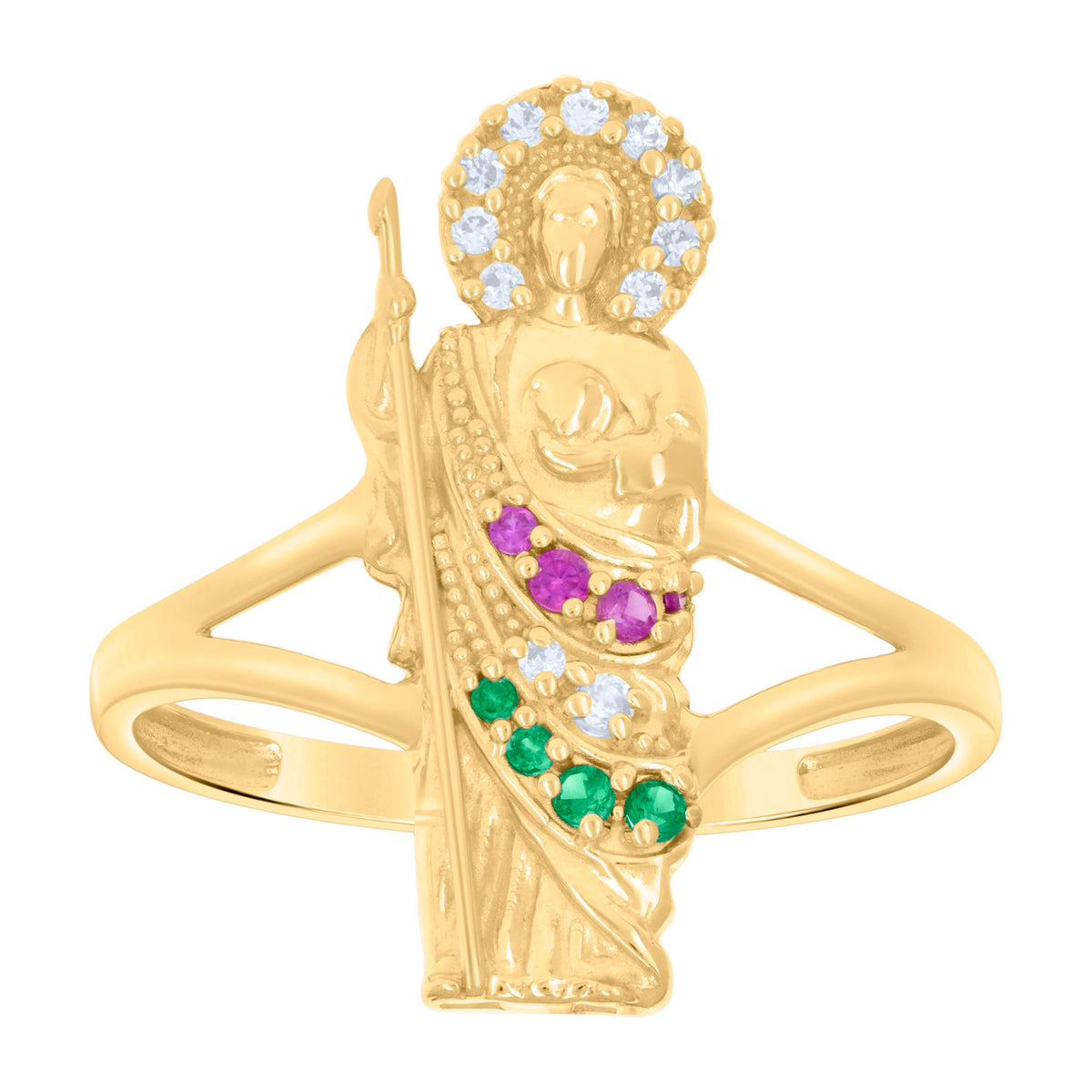 10kt Yellow Gold Womens Green/Pink White Cubic-Zirconia St. Jude Saints Religious Ring