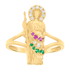 10kt Yellow Gold Womens Green/Pink White Cubic-Zirconia St. Jude Saints Religious Ring