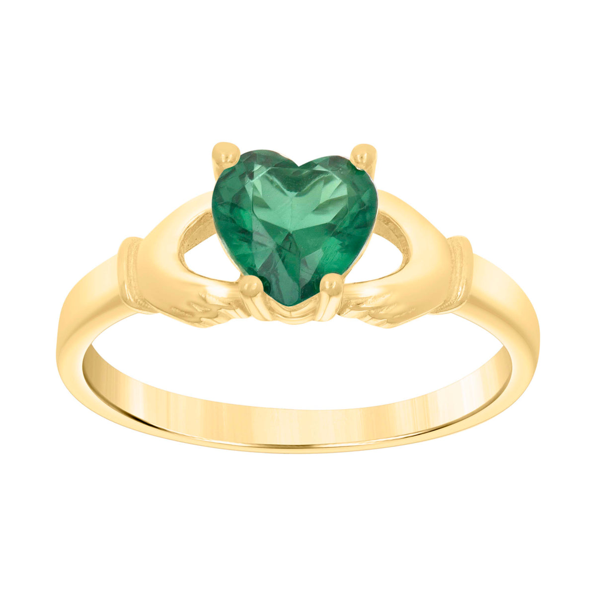 10kt Yellow Gold Baby Green Heart Cubic-Zirconia Claddagh Good Luck Ring