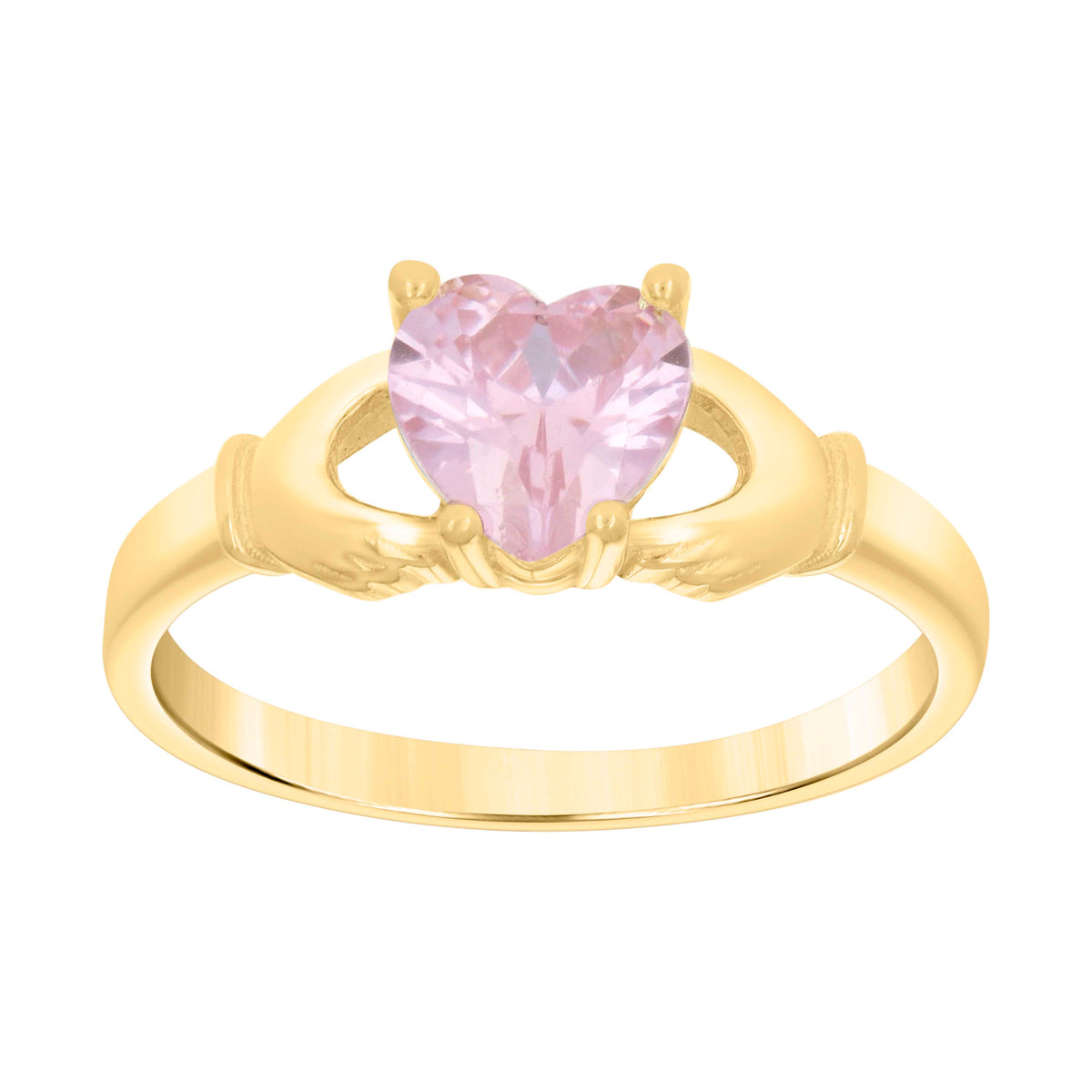 10kt Yellow Gold Baby Pink Heart Cubic-Zirconia Claddagh Good Luck Ring