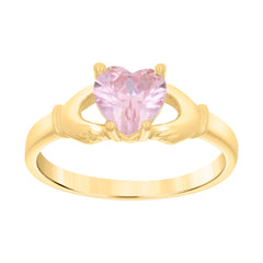 10kt Yellow Gold Baby Pink Heart Cubic-Zirconia Claddagh Good Luck Ring