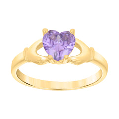 10kt Yellow Gold Baby Purple Heart Cubic-Zirconia Claddagh Good Luck Ring