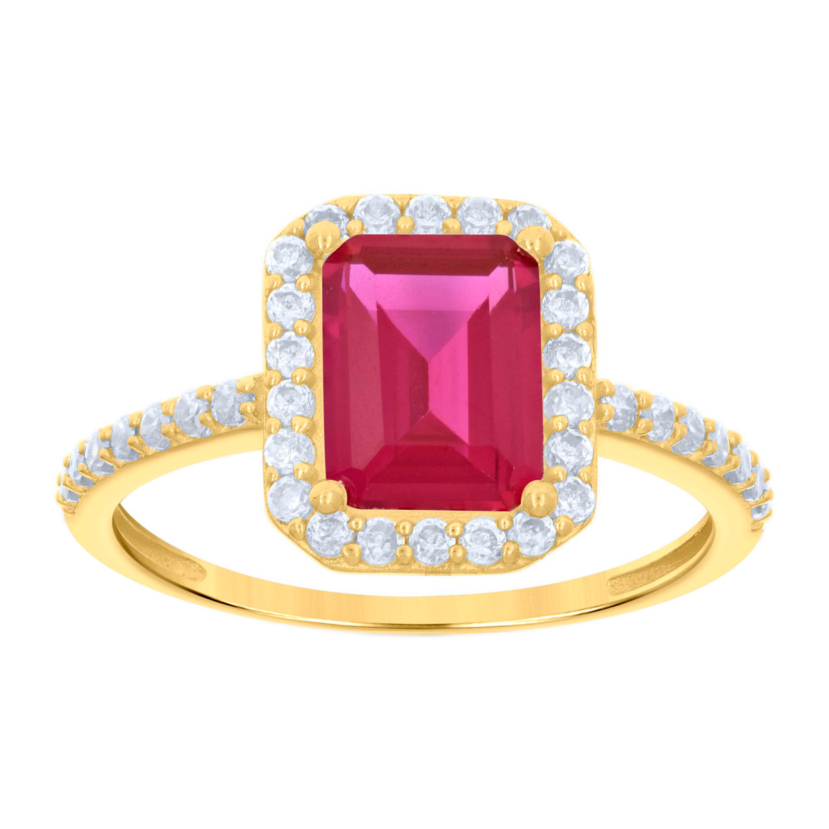 10kt Yellow Gold Womens Red White Emerald-Cut Round Cubic-Zirconia Engagement Ring
