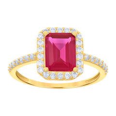 10kt Yellow Gold Womens Red White Emerald-Cut Round Cubic-Zirconia Engagement Ring