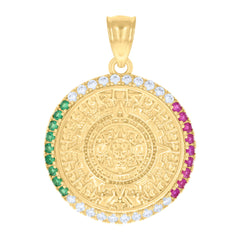 14kt Yellow Gold Mens Green/Pink White Cubic-Zirconia Aztec Calendar Fashion Charm Pendant