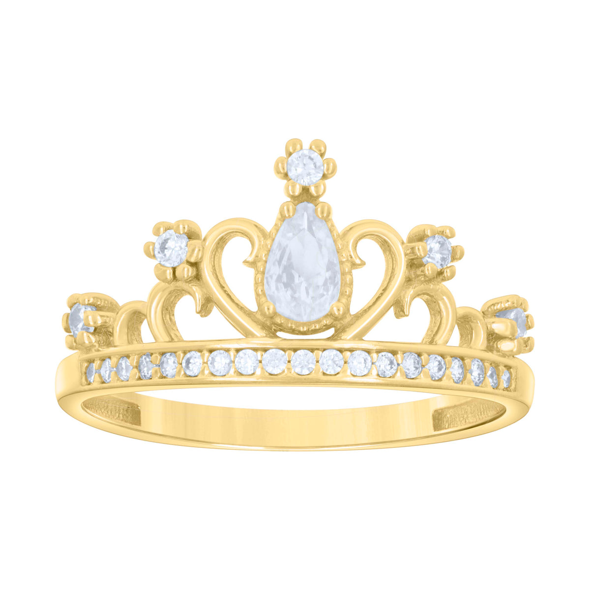 10kt Yellow Gold Womens Pear Round Cubic-Zirconia Crown Fashion Ring