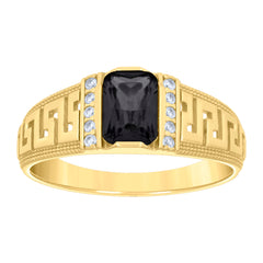14kt Yellow Gold Womens Black White Emerald Round Cubic-Zirconia Greek Key Sides Fashion Ring