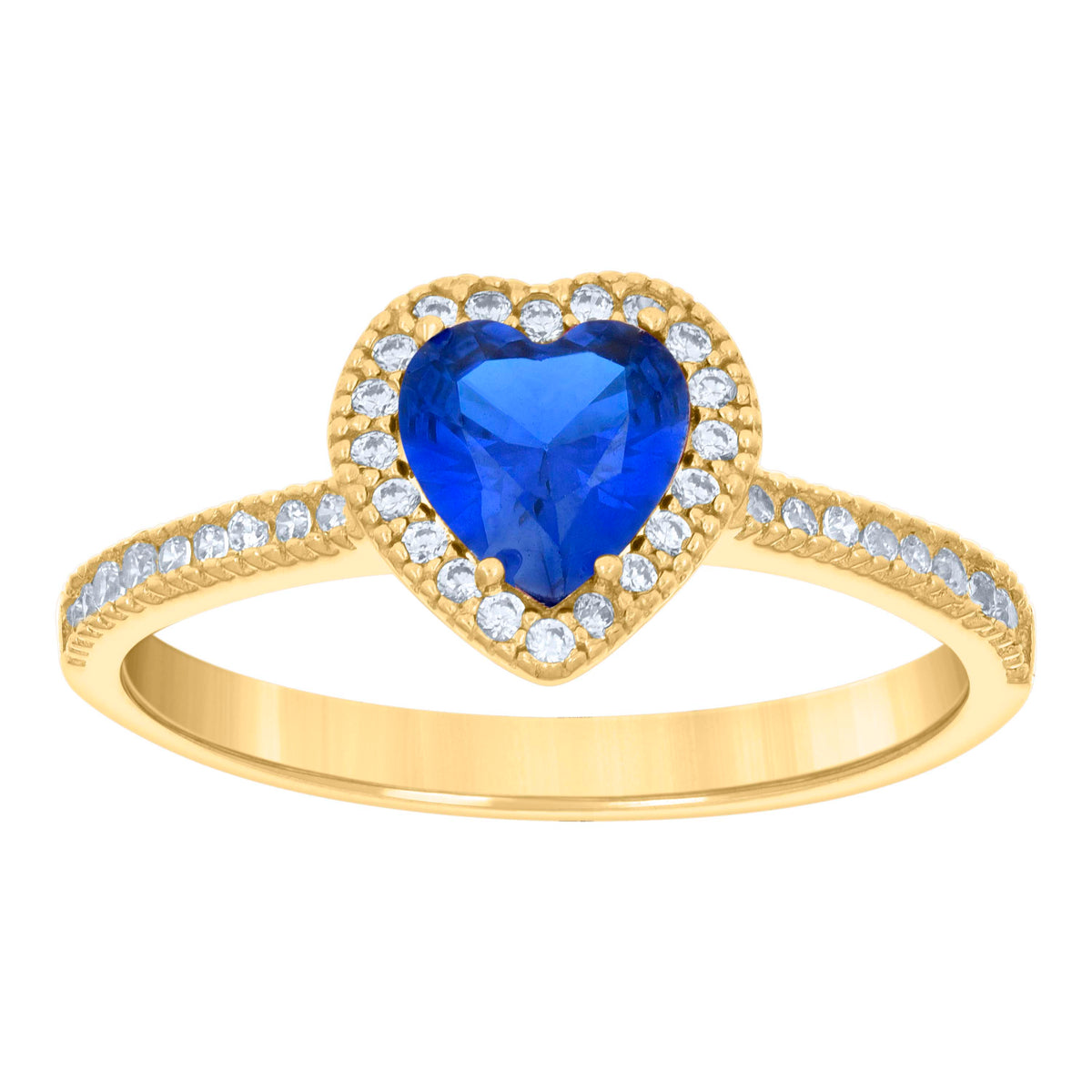14kt Yellow Gold Womens Blue White Heart Round Cubic-Zirconia Heart Ring