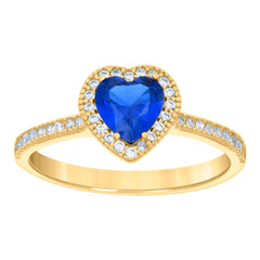 14kt Yellow Gold Womens Blue White Heart Round Cubic-Zirconia Heart Ring