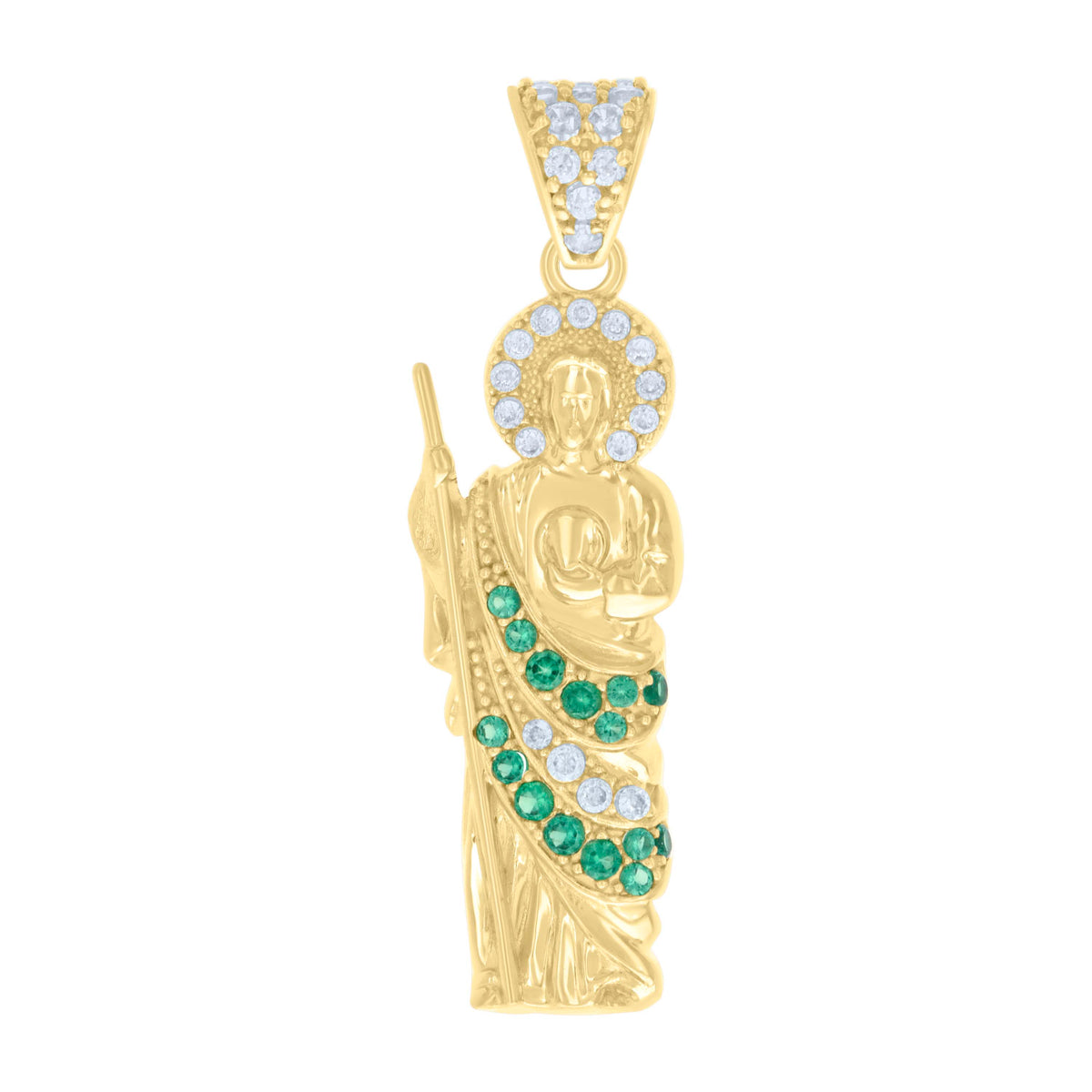 14kt Yellow Gold Mens Green White Cubic-Zirconia St. Jude Religious Charm Pendant
