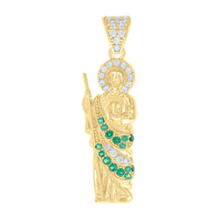 14kt Yellow Gold Mens Green White Cubic-Zirconia St. Jude Religious Charm Pendant