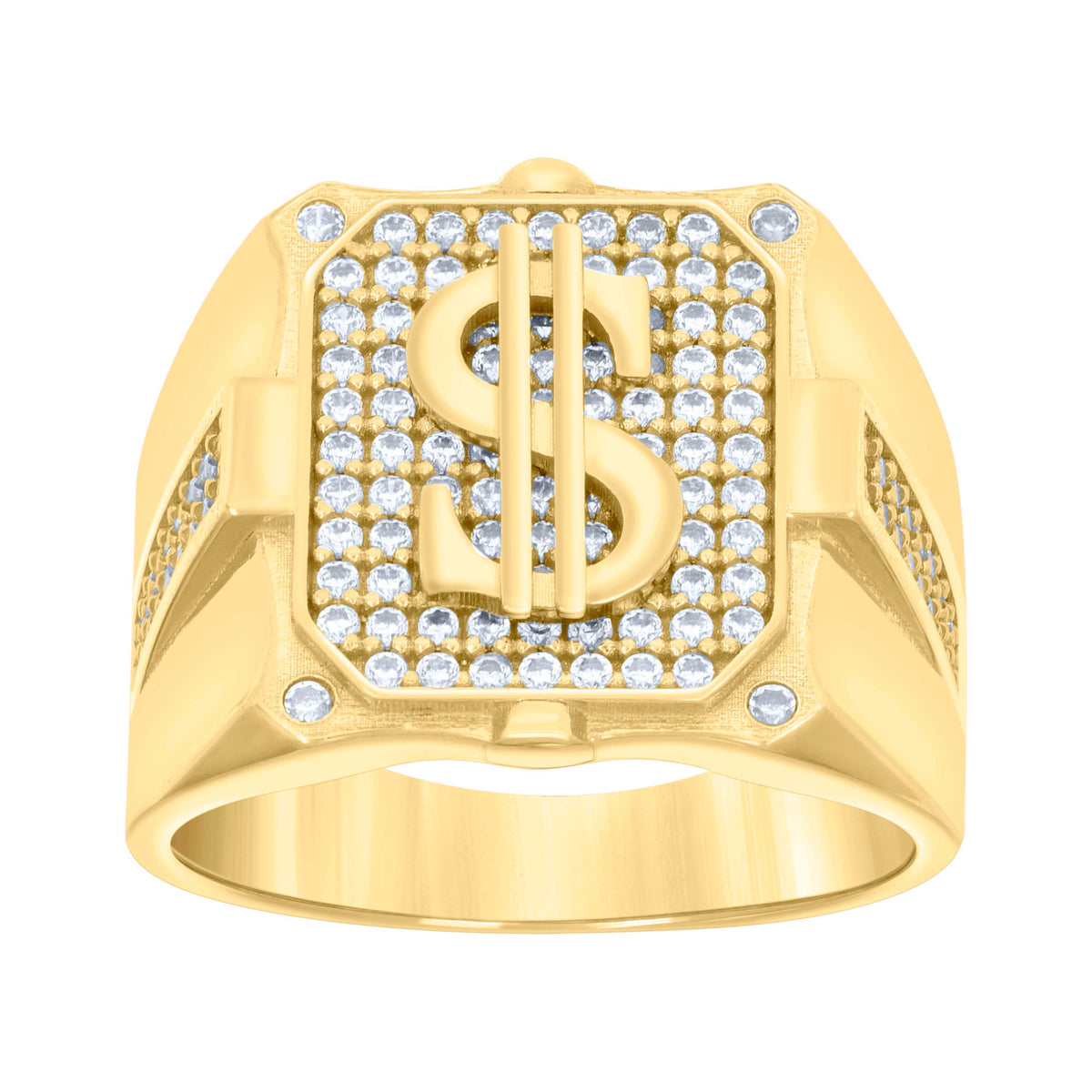 14kt Yellow Gold Mens Cubic-Zirconia Dollar Sign Currency Fashion Ring