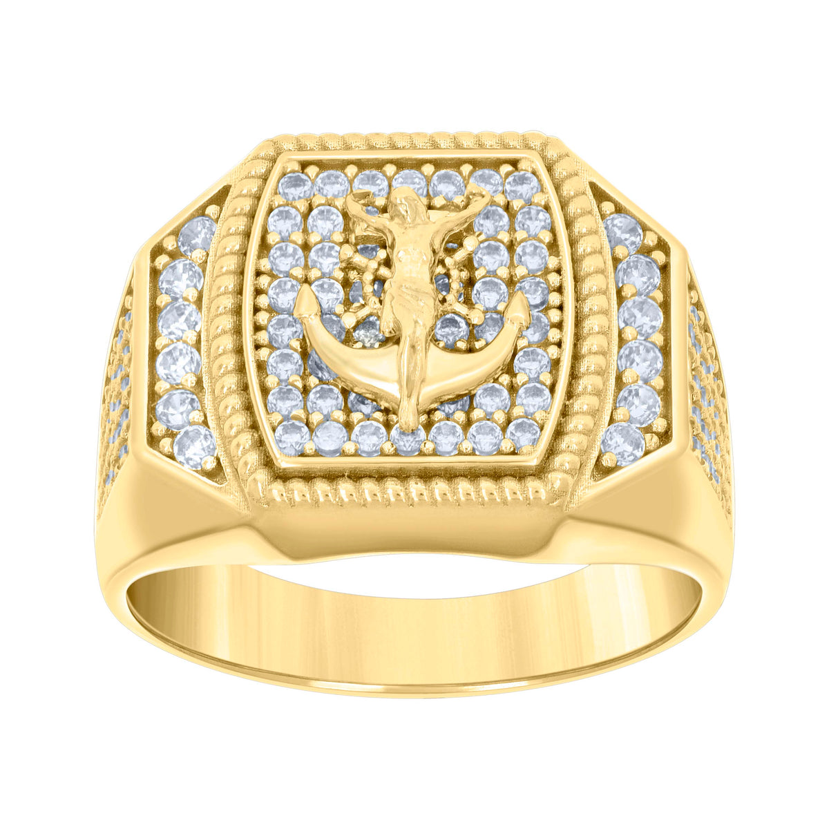14kt Yellow Gold Mens Cubic-Zirconia Anchor Crucifix Religious Ring
