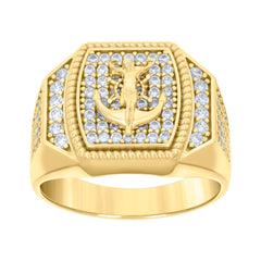 14kt Yellow Gold Mens Cubic-Zirconia Anchor Crucifix Religious Ring