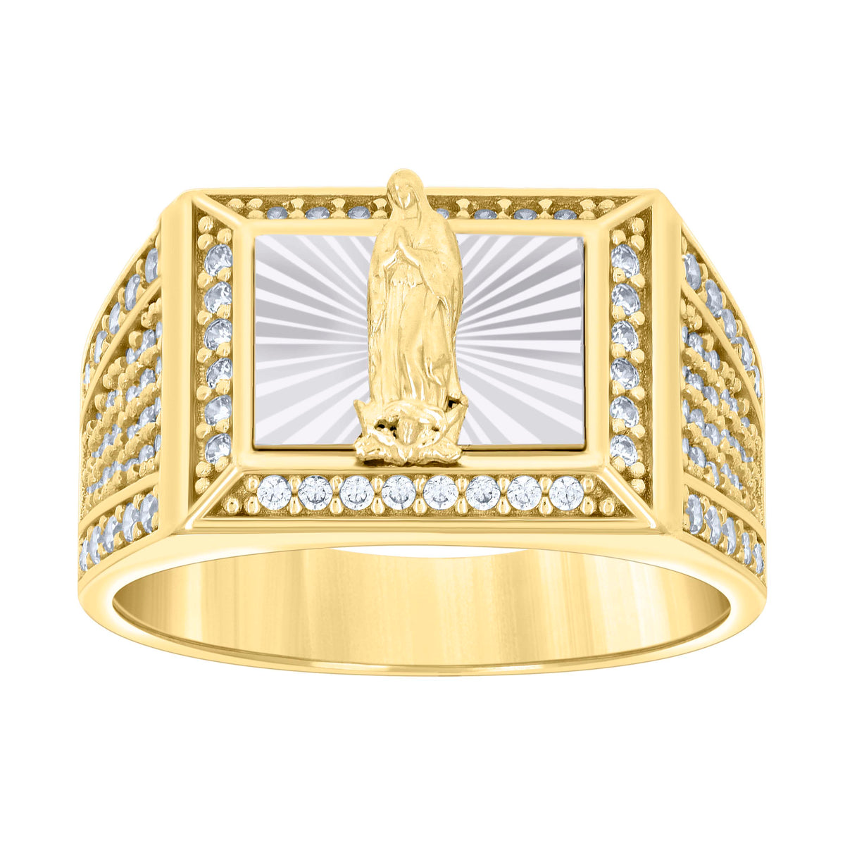 14kt Two-tone Gold Mens Cubic-Zirconia Guadalupe Religious Ring