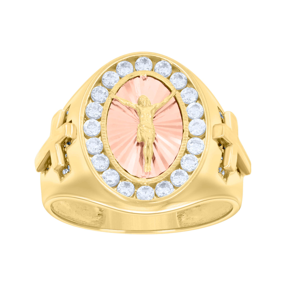 14kt Two-tone Gold Mens Cubic-Zirconia Oval Crucifix Cross Diamond-Cut Religious Ring