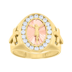 14kt Two-tone Gold Mens Cubic-Zirconia Oval Crucifix Cross Diamond-Cut Religious Ring