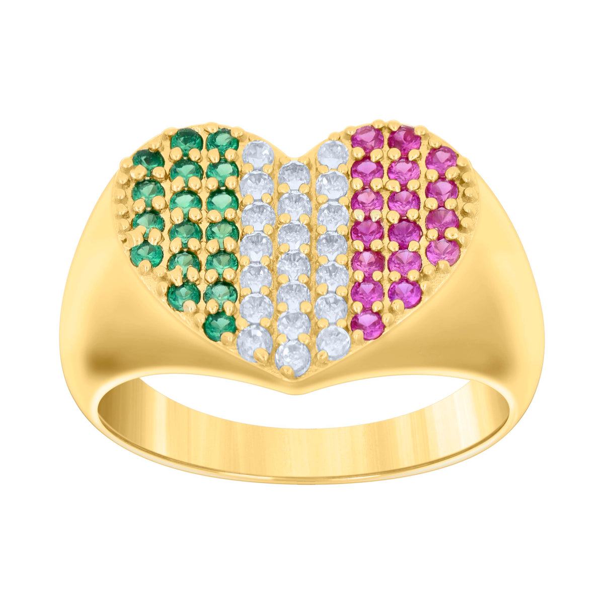 14kt Yellow Gold Womens Green/Pink White Cubic-Zirconia Heart Ring