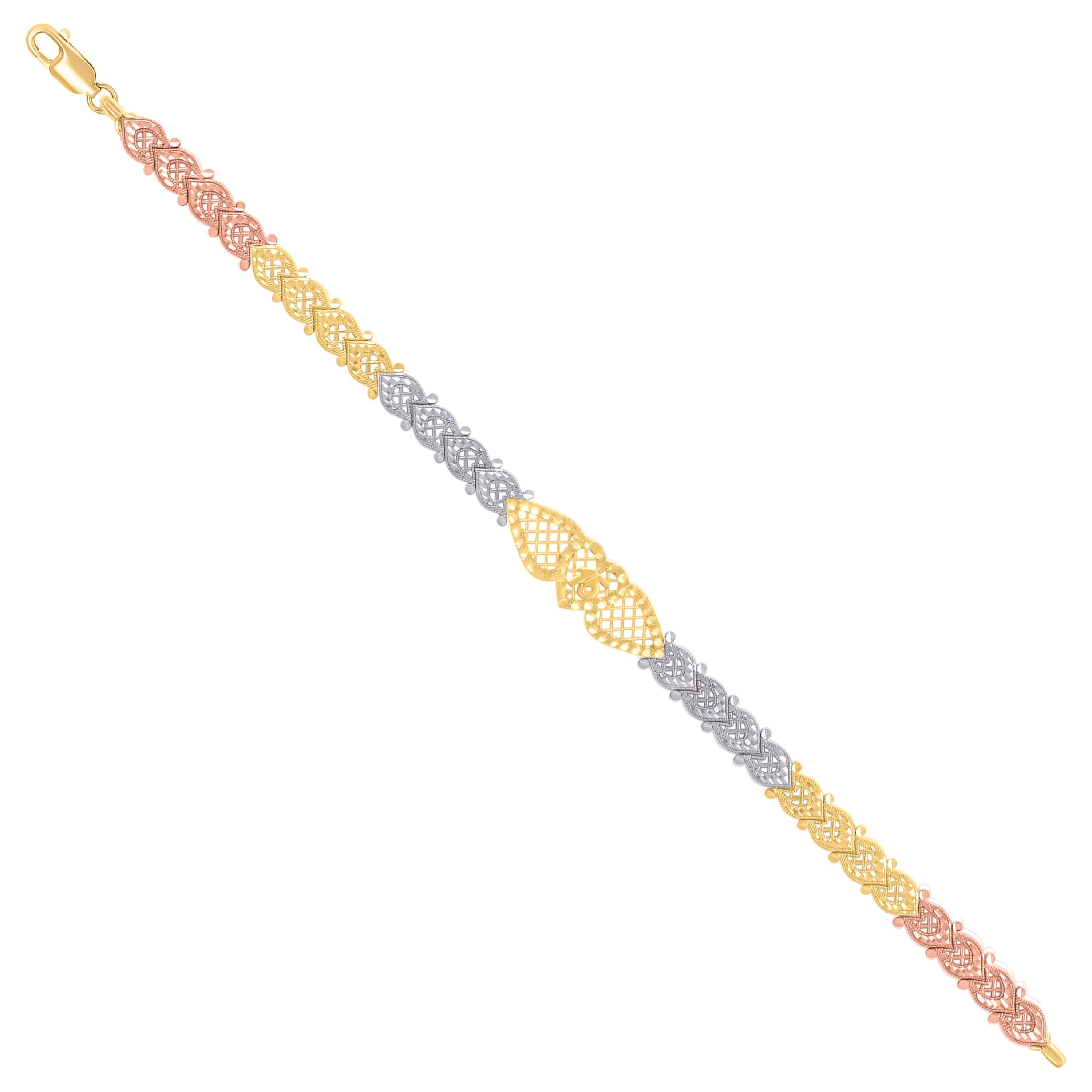 14kt Tri-Color Gold Womens Heart 15 Quinceanera Charm Bracelet