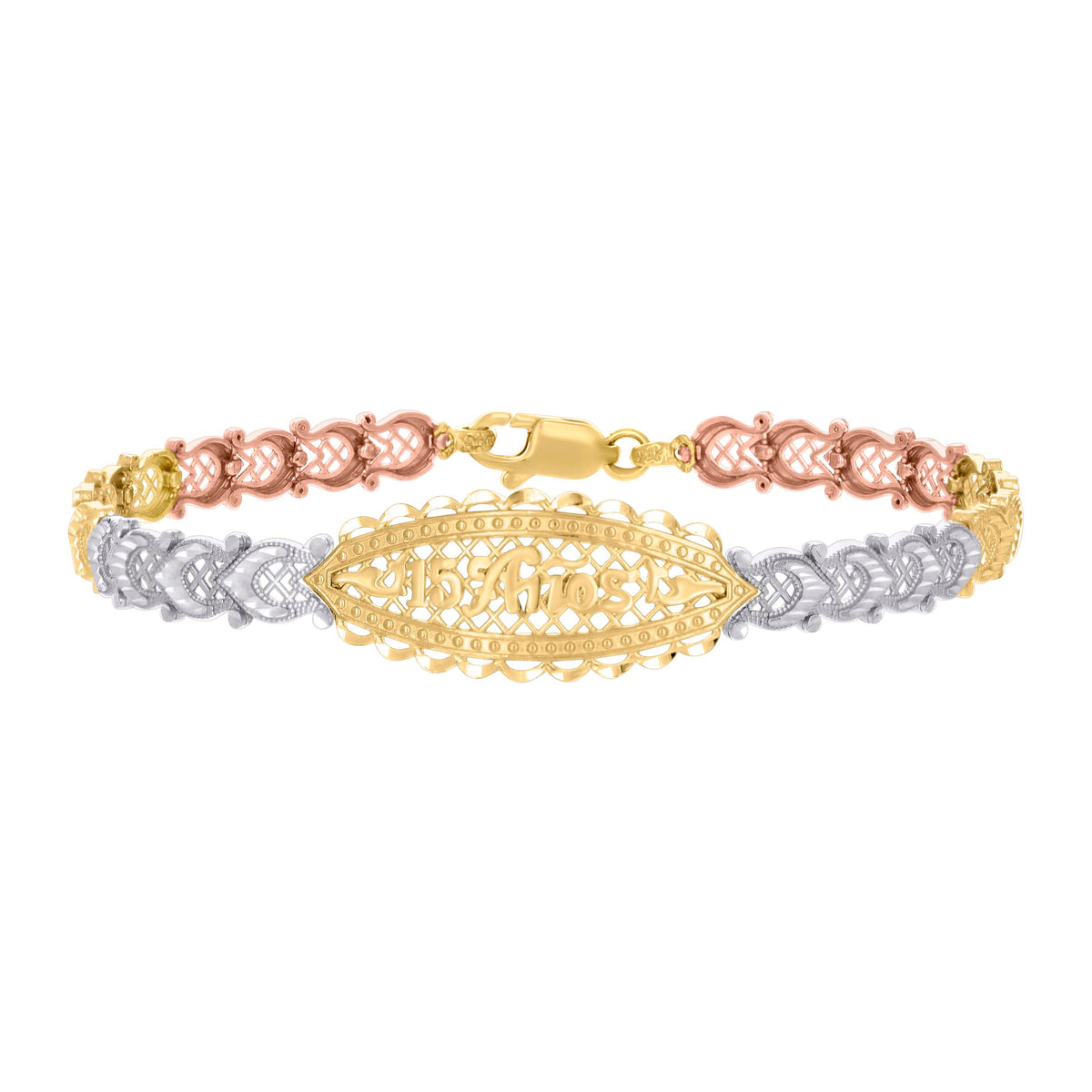 14kt Tri-Color Gold Womens 15 Anos Quinceanera Charm Bracelet