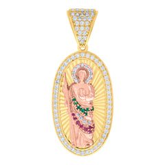 14kt Two-tone Gold Mens Green/Pink White Cubic-Zirconia Oval St. Jude Religious Charm Pendant