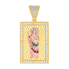 14kt Two-tone Gold Mens Green/Pink White Cubic-Zirconia St. Jude Religious Charm Pendant