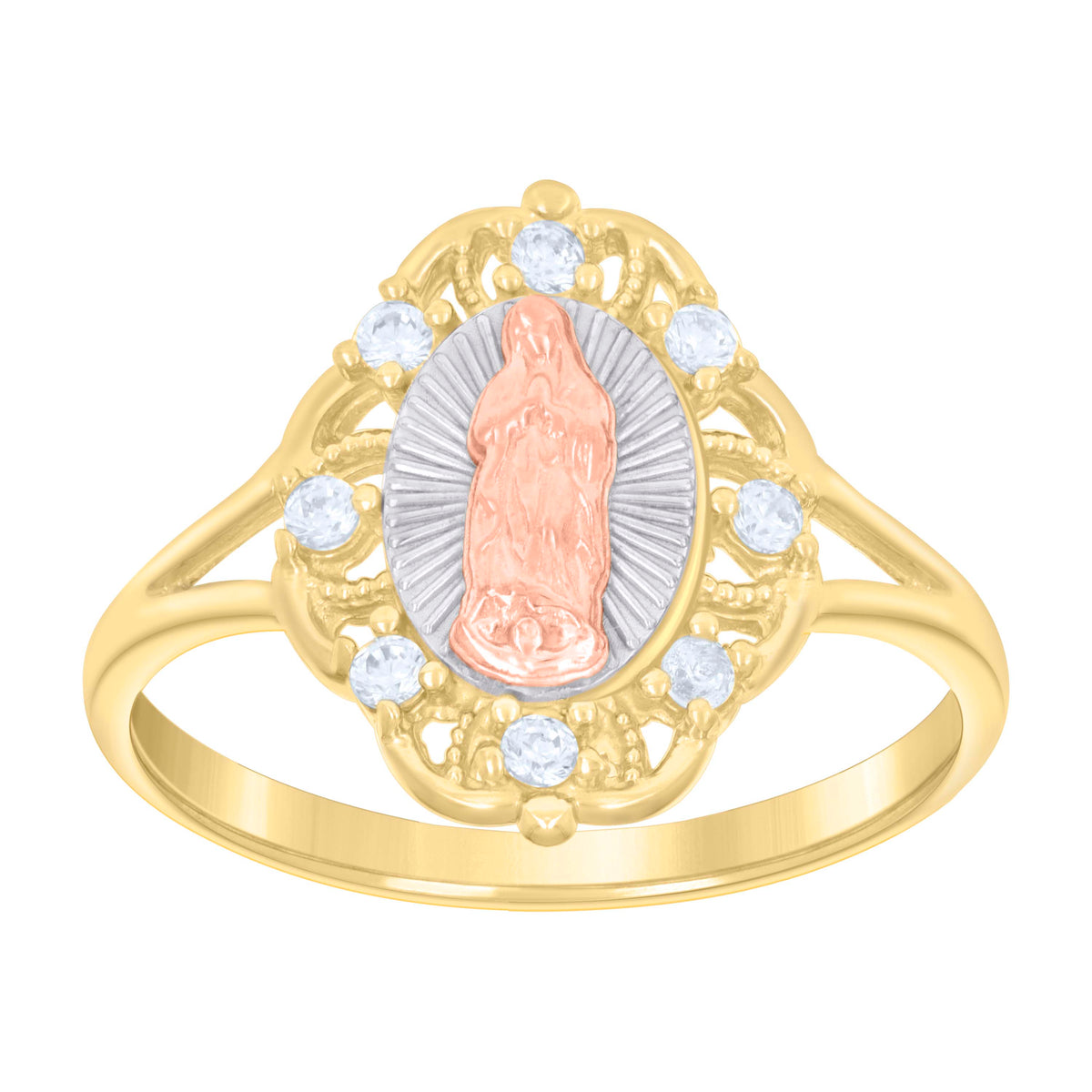 14kt Tri-Color Gold Womens Cubic-Zirconia Guadalupe Religious Ring