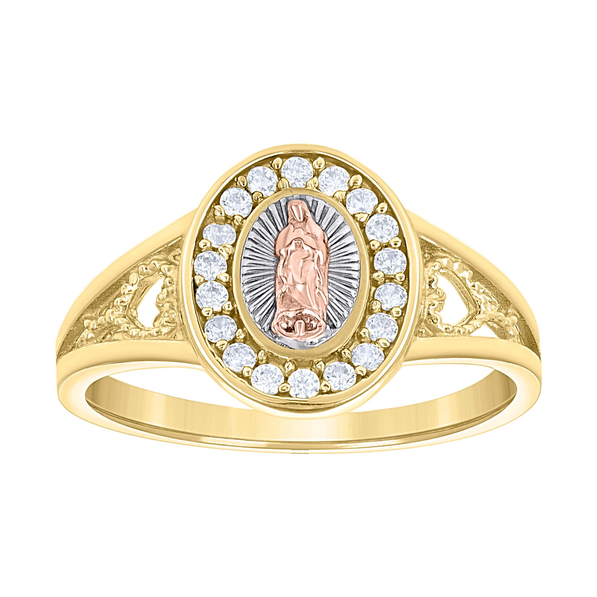 14kt Tri-Color Gold Womens Cubic-Zirconia Oval Guadalupe Religious Ring