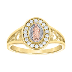 14kt Tri-Color Gold Womens Cubic-Zirconia Oval Guadalupe Religious Ring