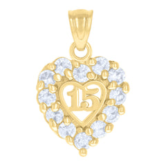 14kt Yellow Gold Womens Cubic-Zirconia Heart 15 Quinceanera Charm Pendant
