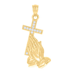 14kt Yellow Gold Womens Cubic-Zirconia Cross Praying Hands Symbol Religious Charm Pendant
