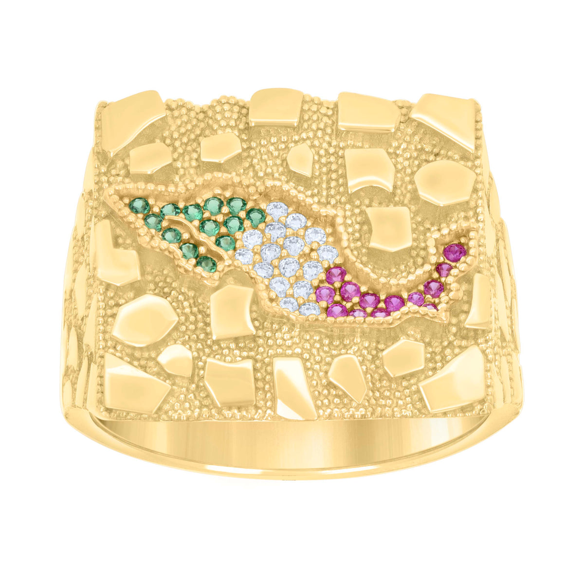 14kt Yellow Gold Mens Green/Purple White Cubic-Zirconia Nugget Mexico Map Country Ring