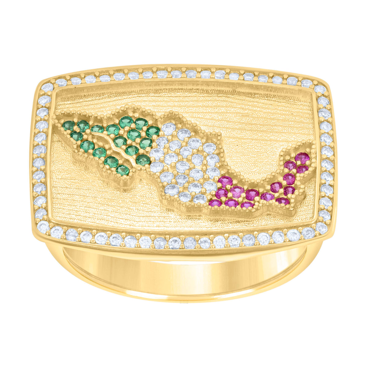 14kt Yellow Gold Mens Green/Purple White Cubic-Zirconia Mexico Map Country Ring