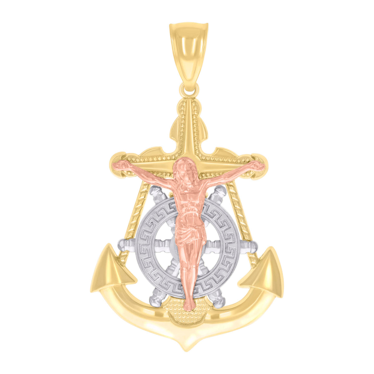 14kt Tri-Color Gold Mens Anchor Crucifix Religious Charm Pendant