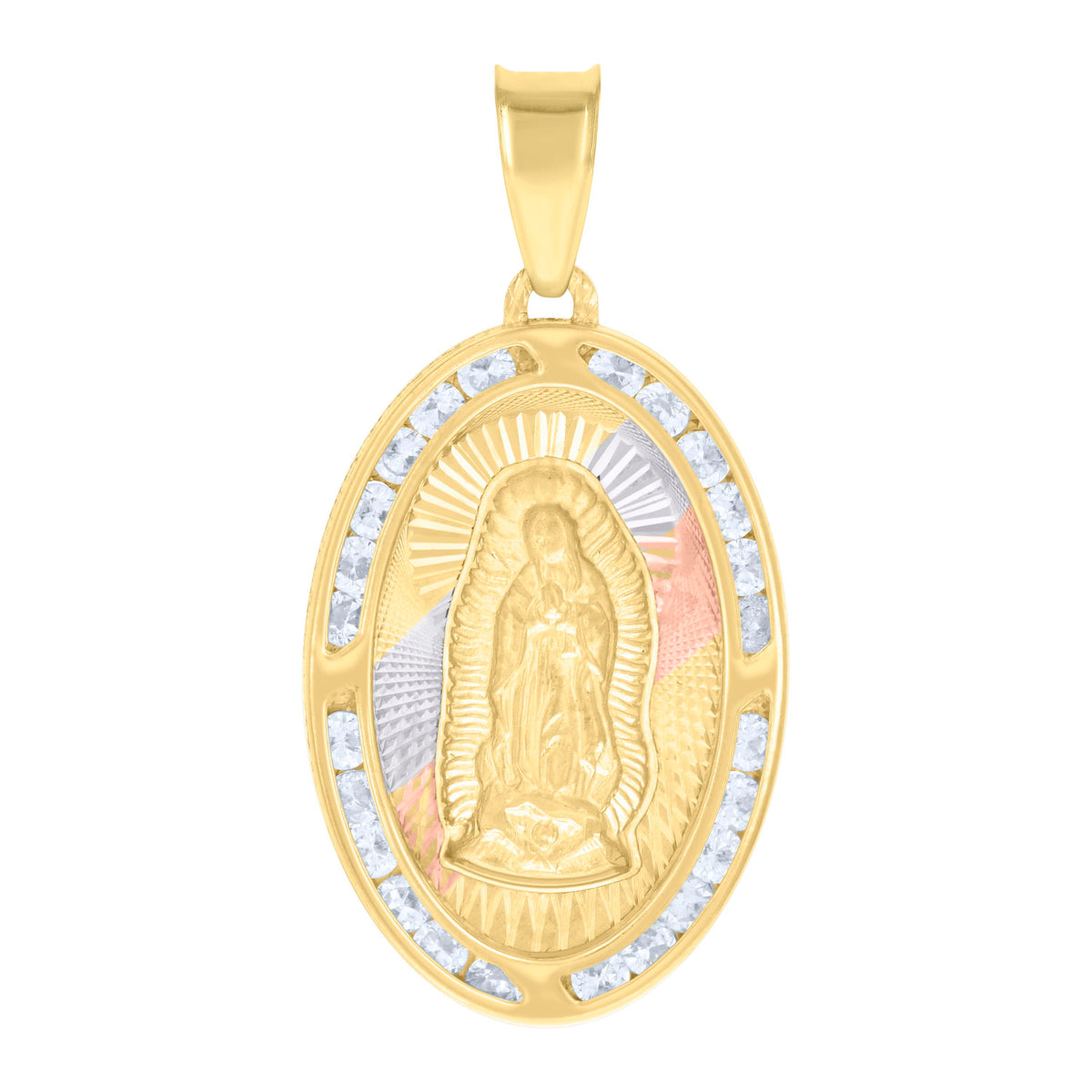 10kt Tri-Color Gold Womens Cubic-Zirconia Oval Guadalupe Religious Charm Pendant