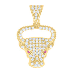 10kt Yellow Gold Mens Pink White Cubic-Zirconia Bull Head Animal Wildlife Charm Pendant