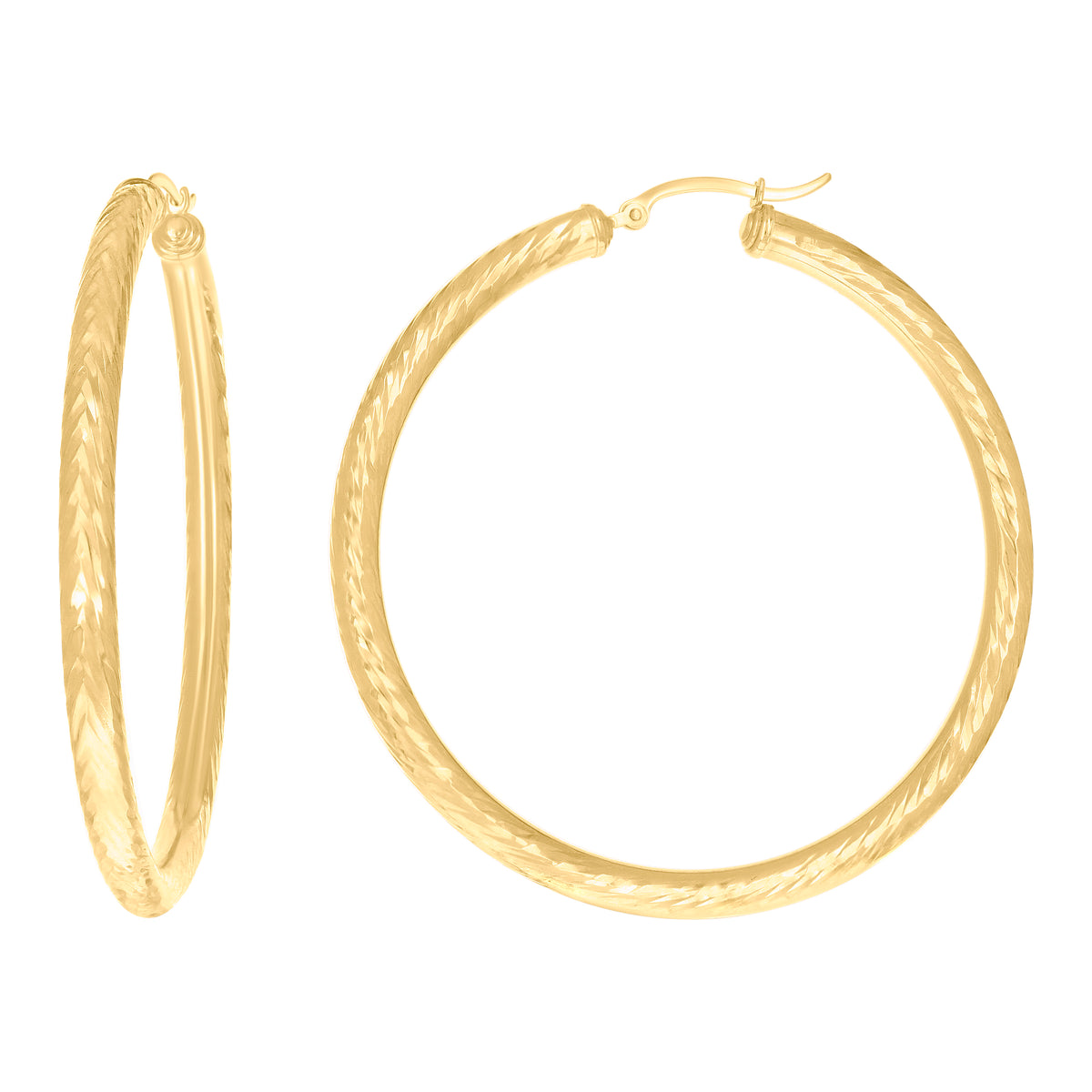 14Kt Yellow Gold Womens Round Tube Diamond-cut Patterned Fancy Hoop Earrings 4mm-57