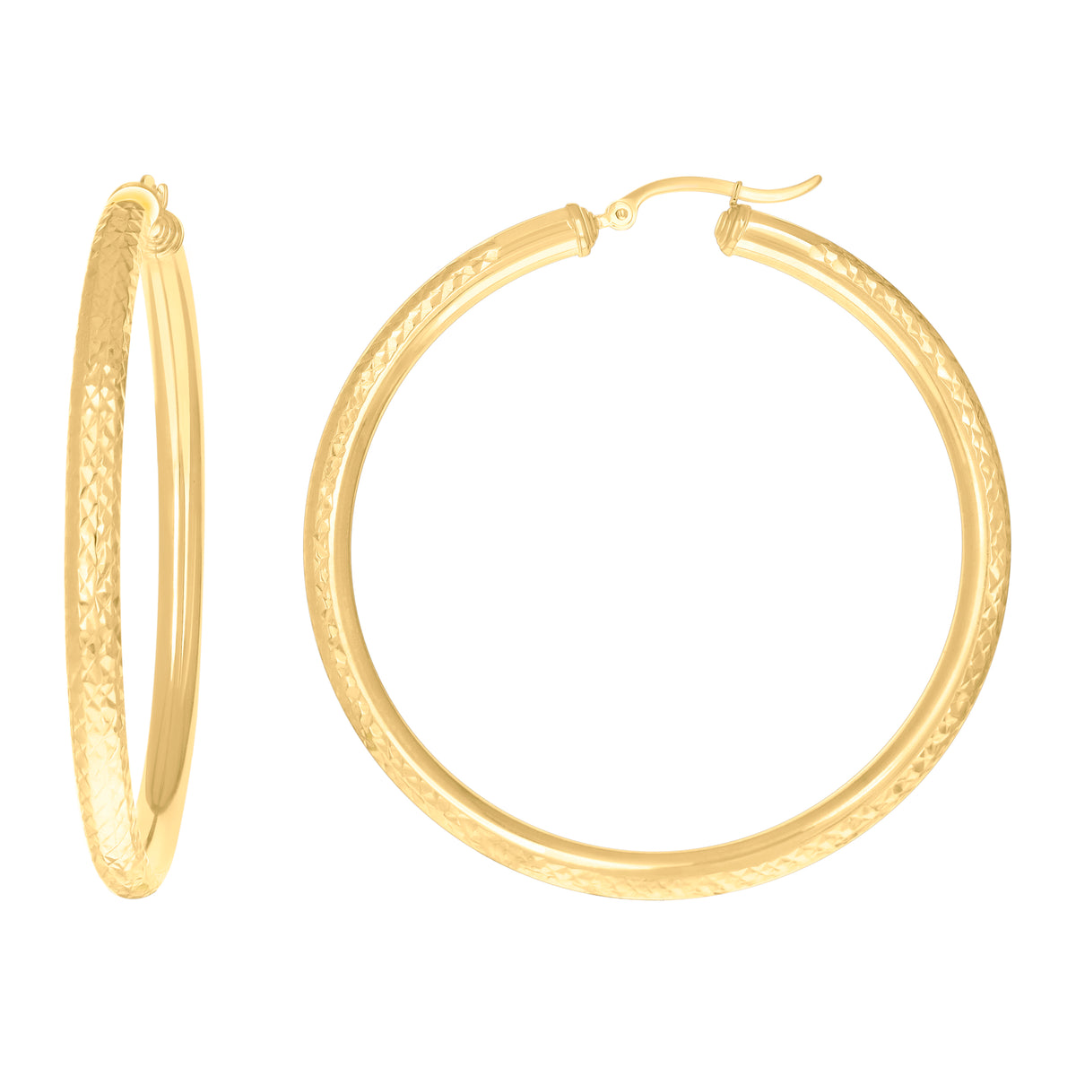 14Kt Yellow Gold Womens Round Tube Diamond-cut Patterned Fancy Hoop Earrings 4mm-57