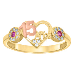 10kt Two-tone Gold Womens Pink White Cubic-Zirconia Heart Anos 15 Quinceanera Ring
