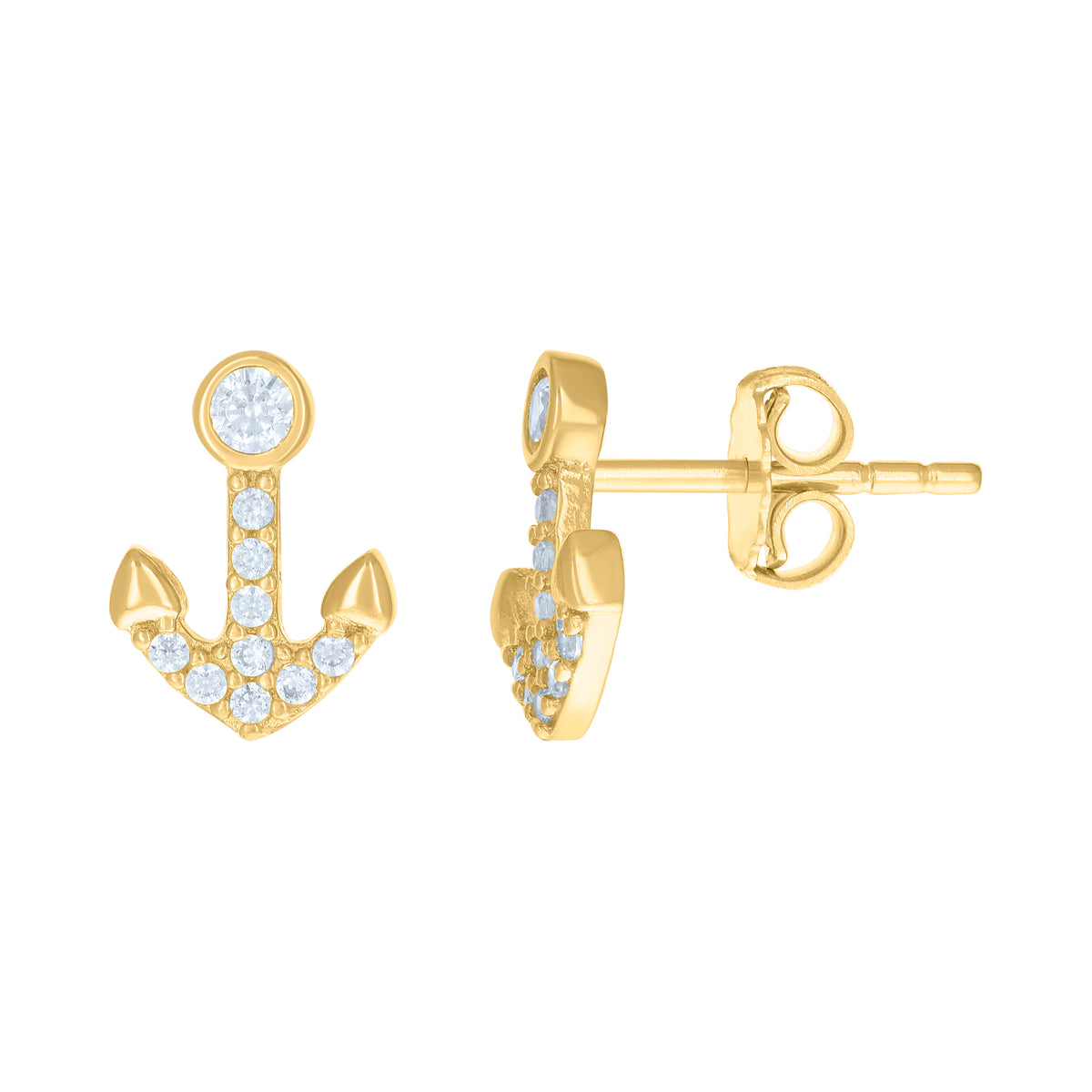 10kt Yellow Gold Womens Cubic-Zirconia Anchor Ocean Stud Earrings