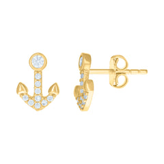 10kt Yellow Gold Womens Cubic-Zirconia Anchor Ocean Stud Earrings