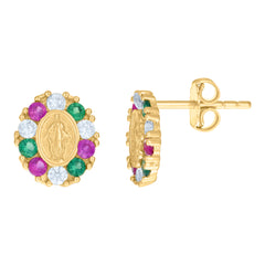 10kt Yellow Gold Womens Green/Pink White Cubic-Zirconia Oval Guadalupe Religious Stud Earrings