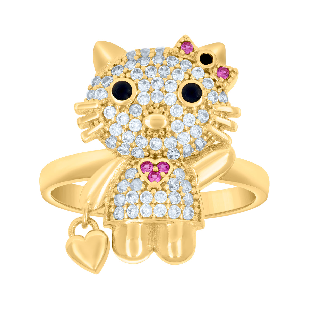 10kt Yellow Gold Womens Black/Pink White Cubic-Zirconia Kitty Fashion Ring