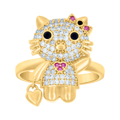 10kt Yellow Gold Womens Black/Pink White Cubic-Zirconia Kitty Fashion Ring